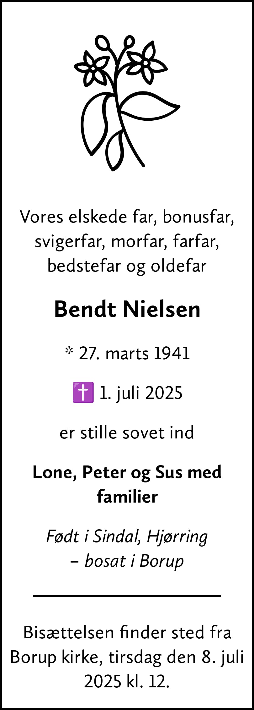 Dødsannonce for Bendt