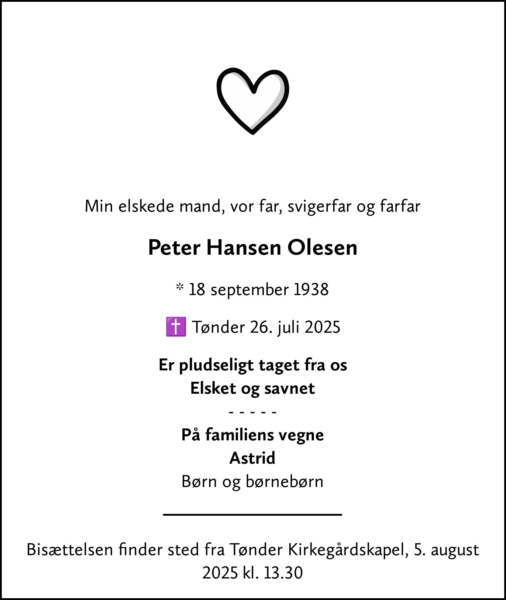 Dødsannonce for Peter Hansen