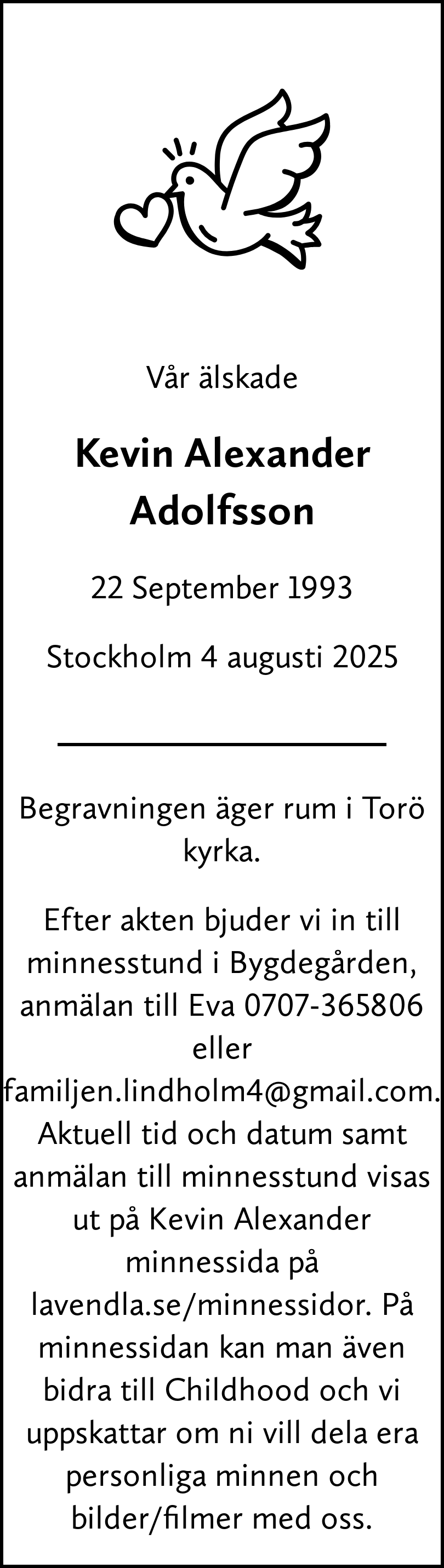 Dödsannons för Kevin Alexander