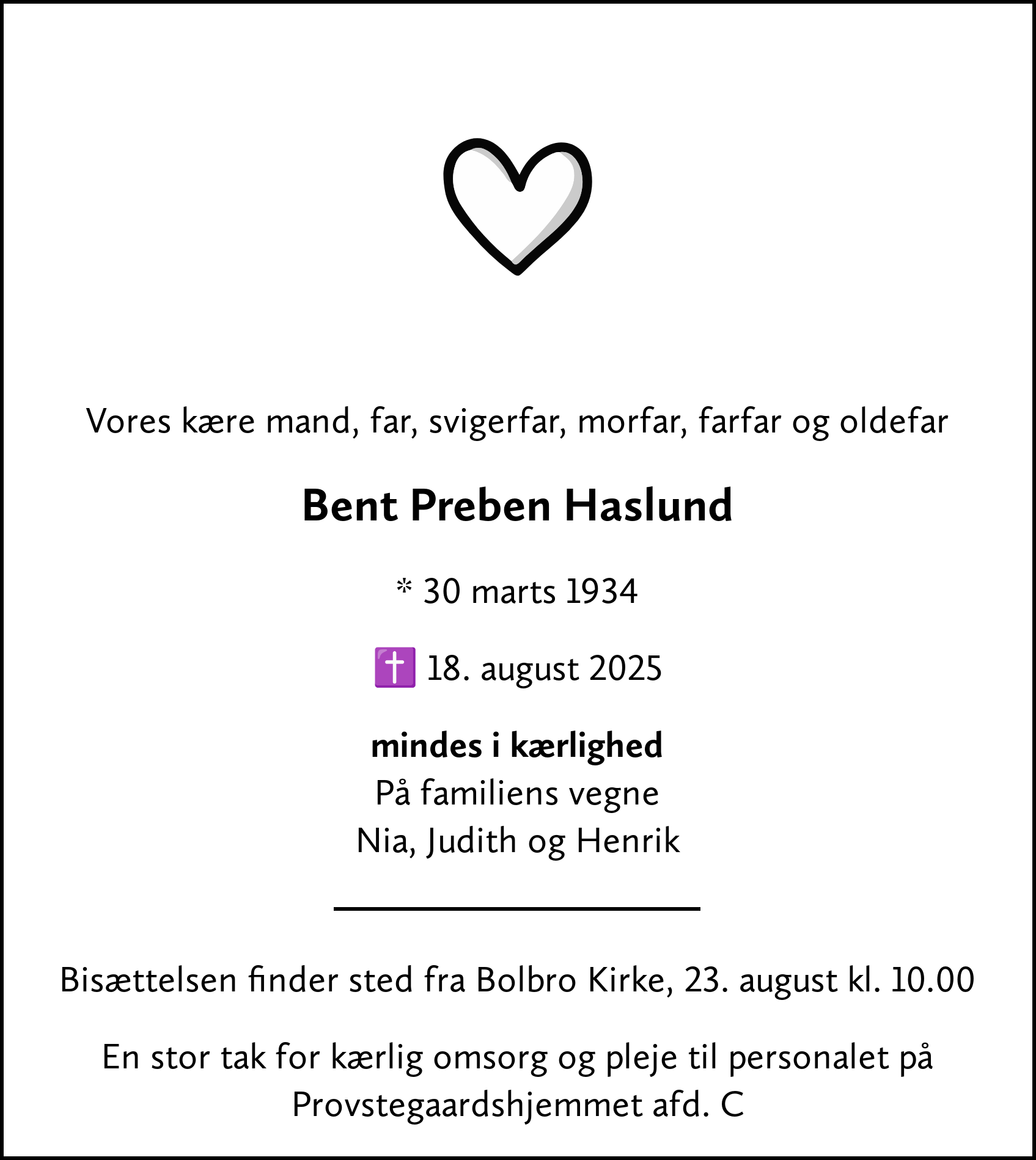 Dødsannonce for Bent Preben