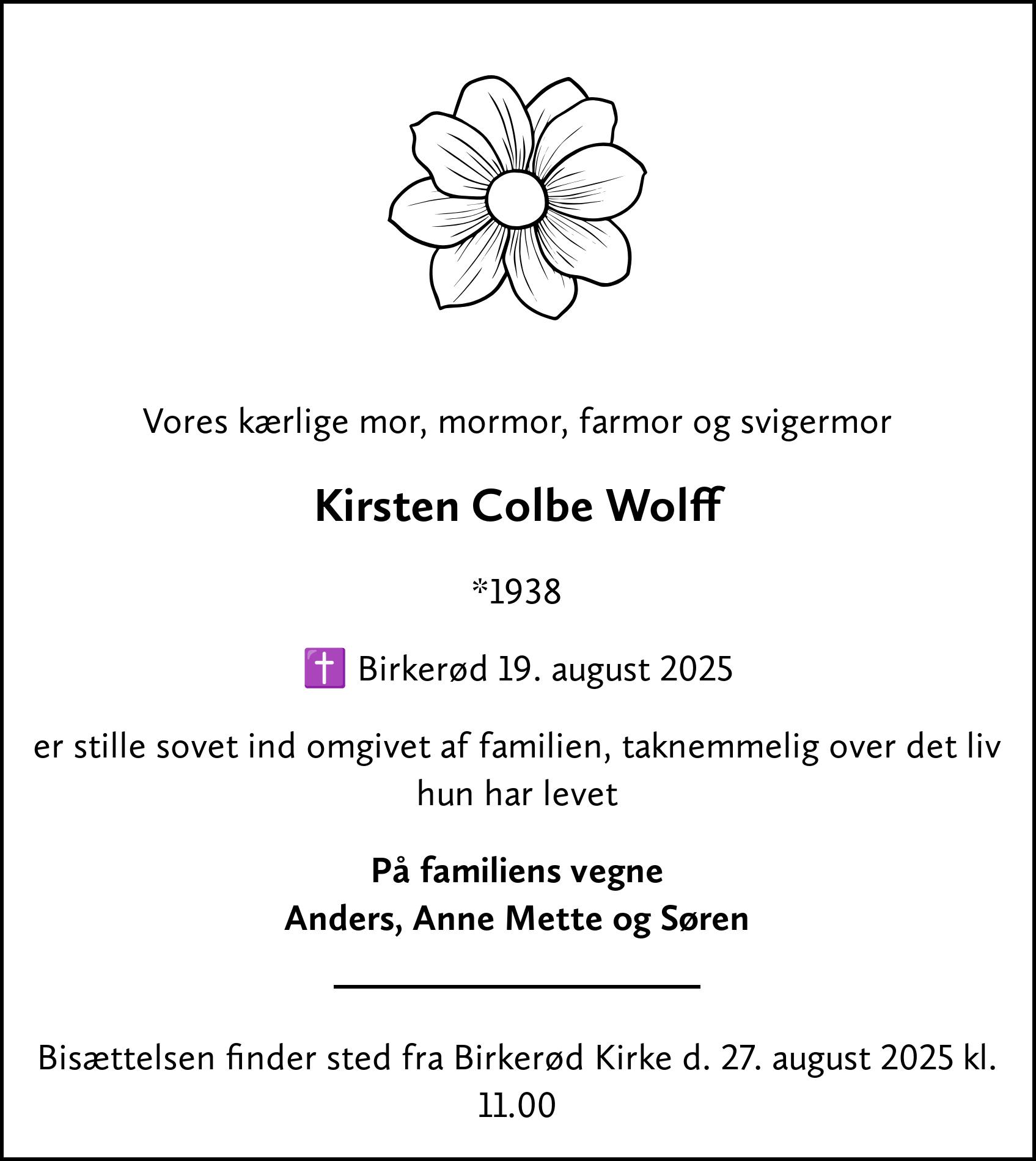 Dødsannonce for Kirsten Colbe