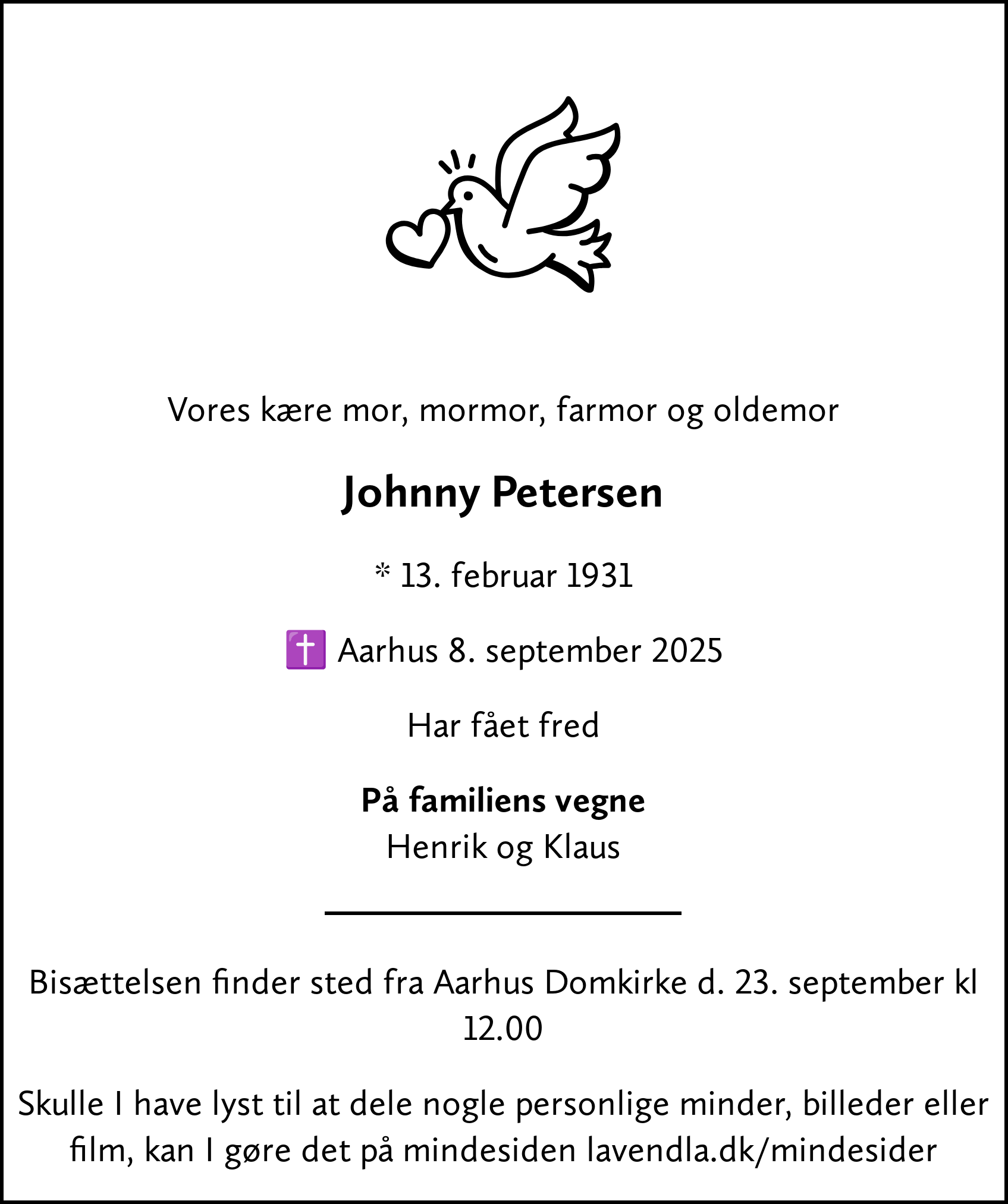 Dødsannonce for Johnny