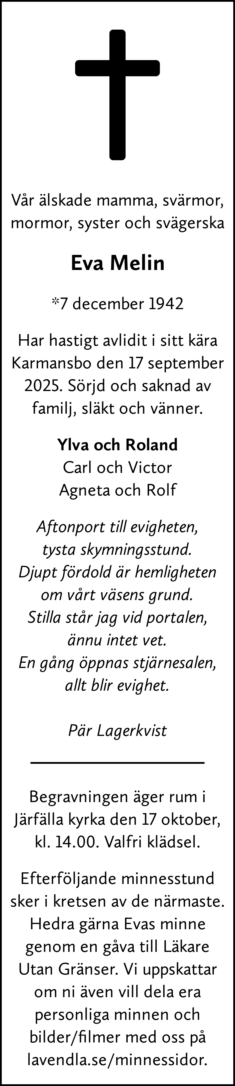 Dödsannons för Eva