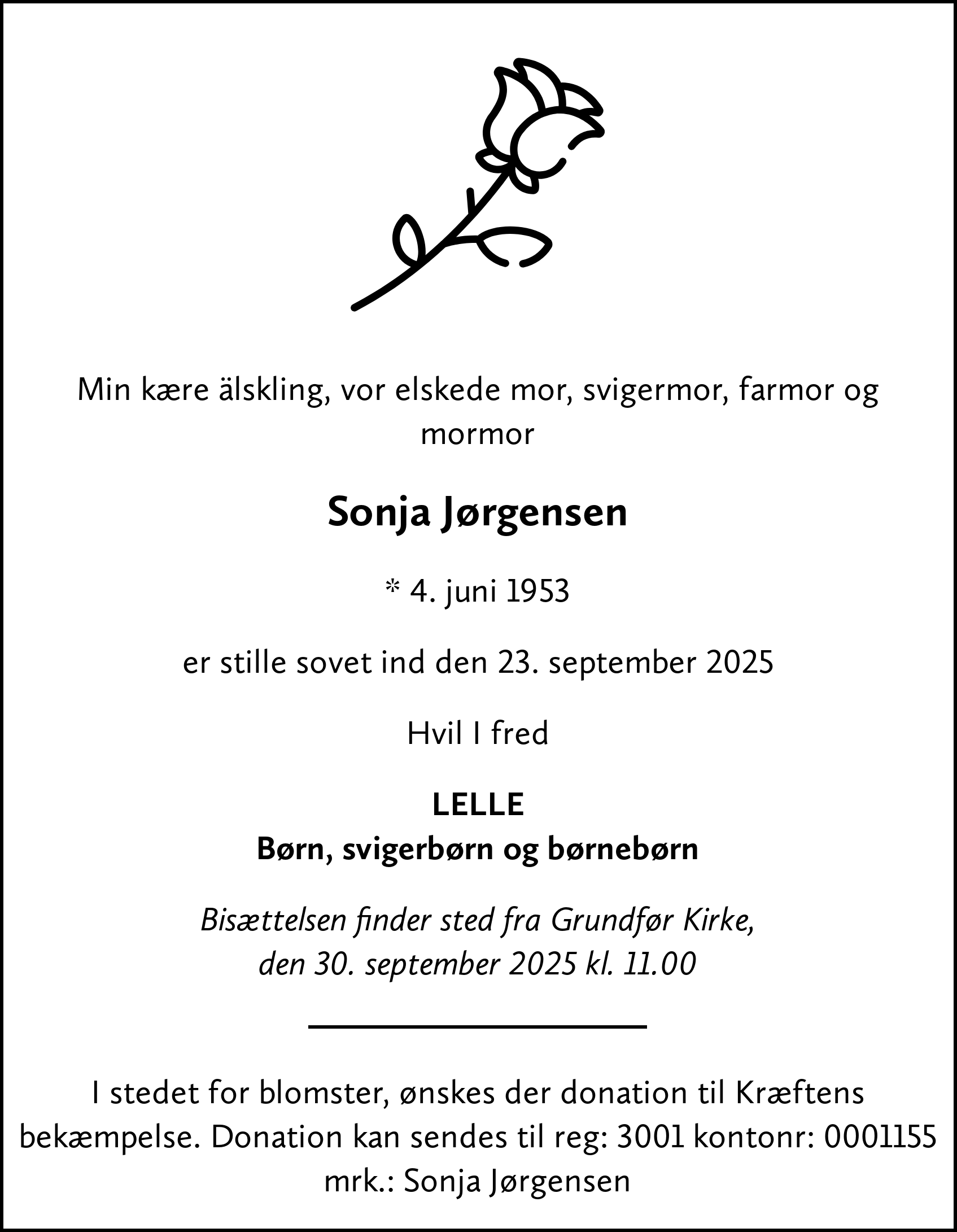 Dødsannonce for Sonja