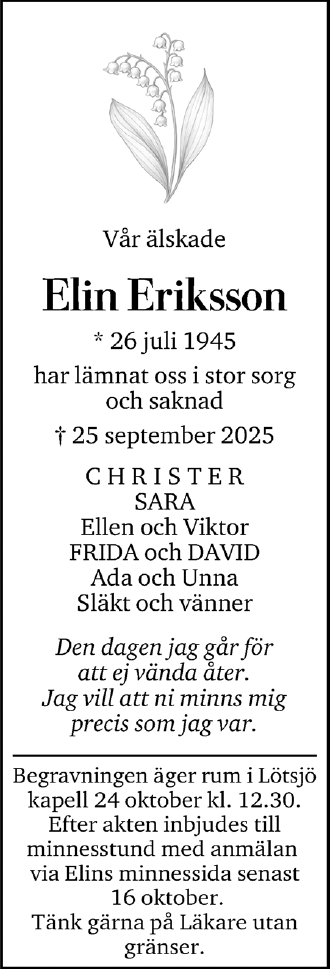 Dödsannons för Elin