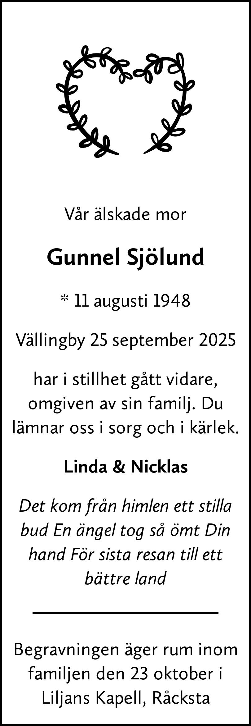 Dödsannons för Gunnel