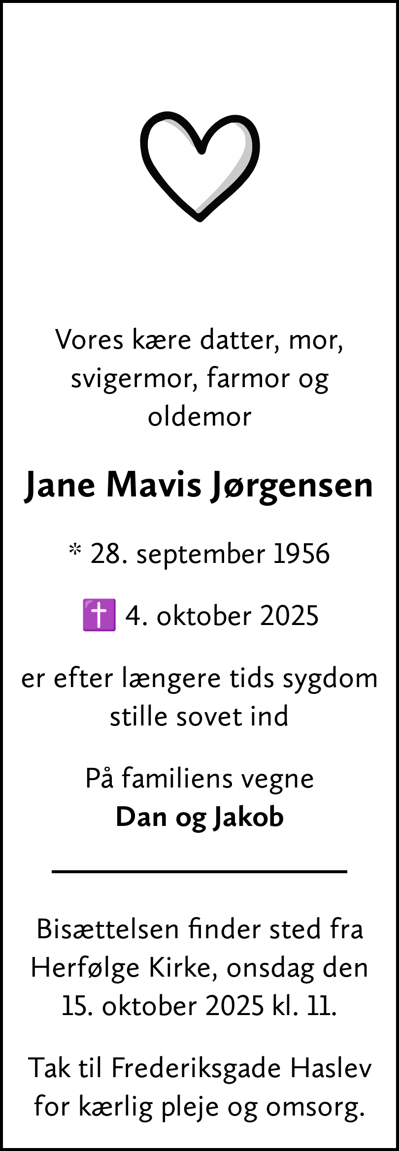Dødsannonce for Jane Mavis