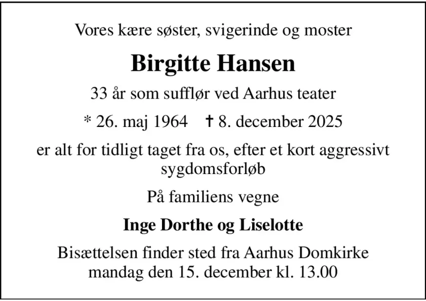 Dødsannonce for sufflør ved Aarhus teater