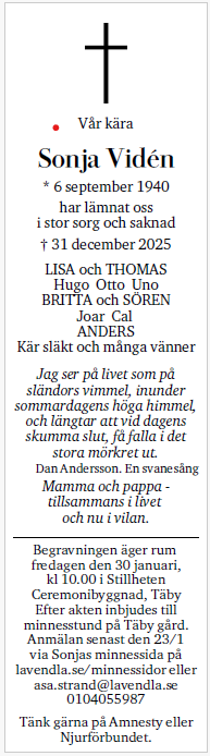 Dödsannons för Sonja