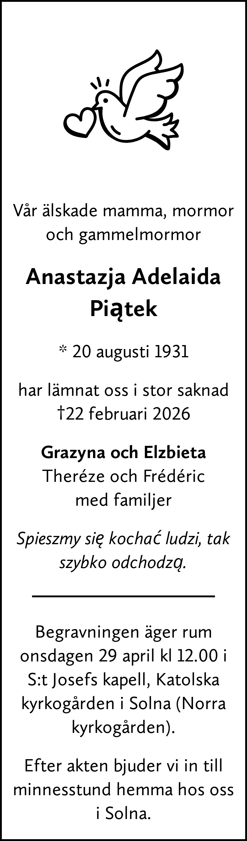Dödsannons för Anastazja