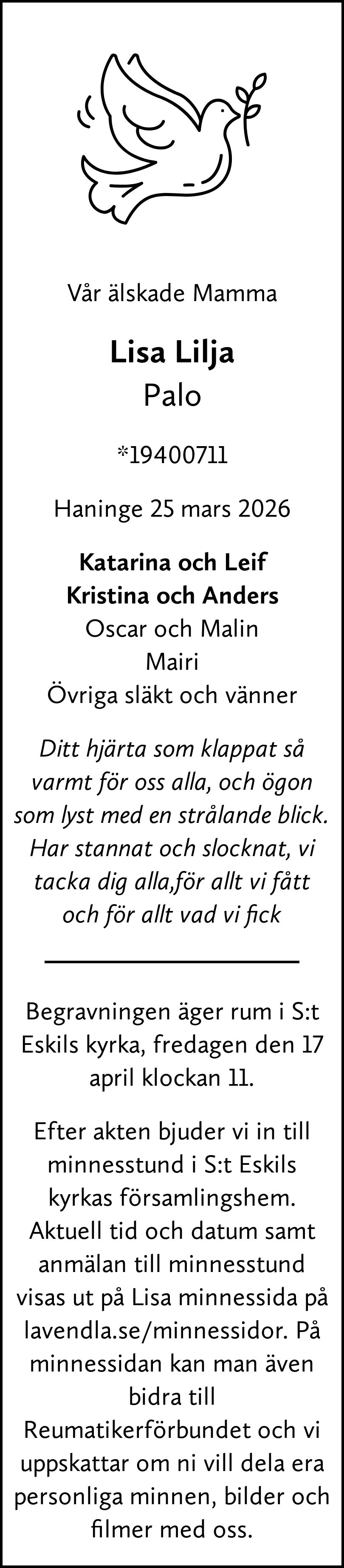 Dödsannons för Lisa