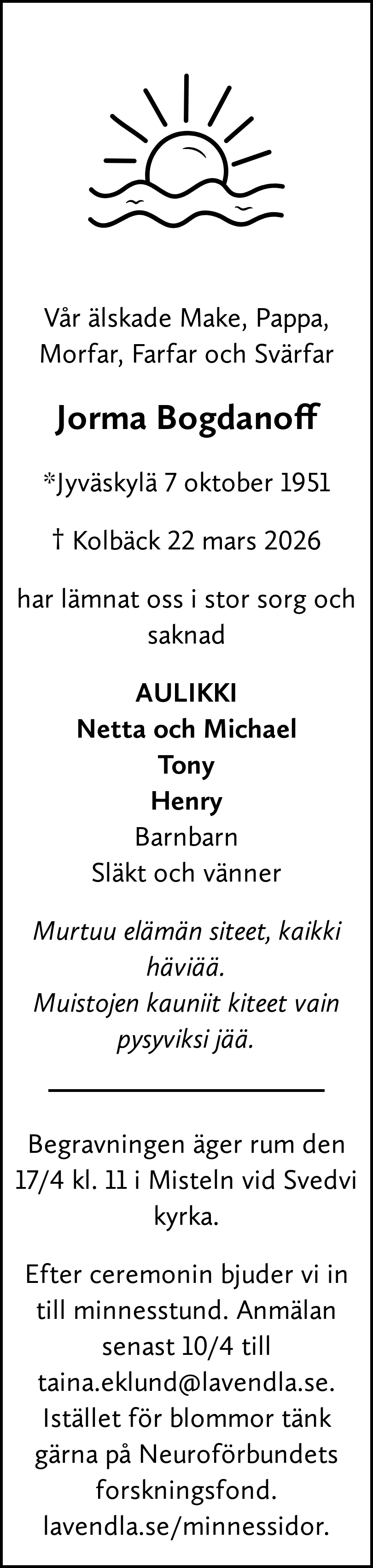 Dödsannons för Jorma