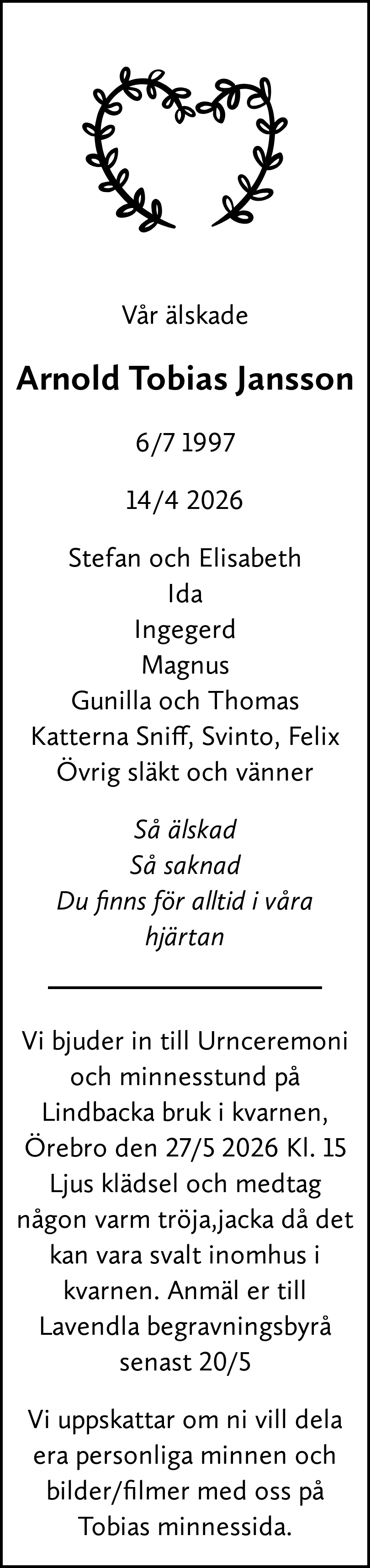 Dödsannons för Arnold Tobias