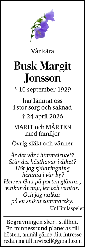 Dödsannons för Busk Margit
