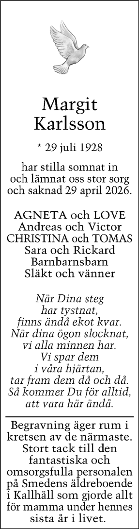 Dödsannons för Margit