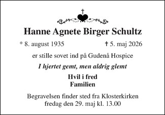 Dødsannonce for Hanne Agnete Birger