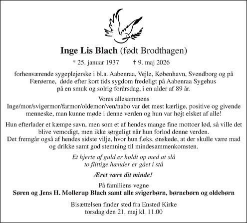 Dødsannonce for Inge Lis