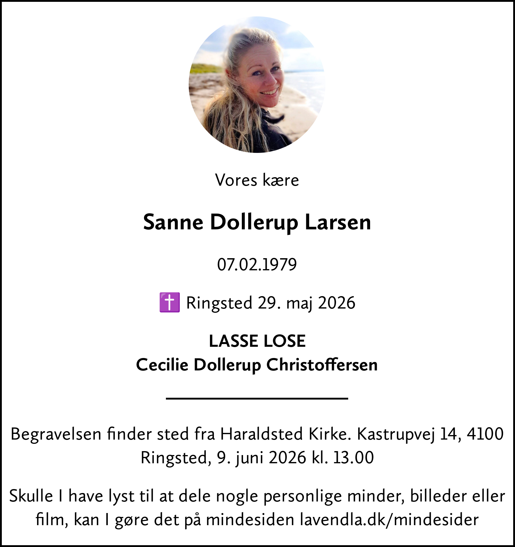 Dødsannonce for Sanne Dollerup