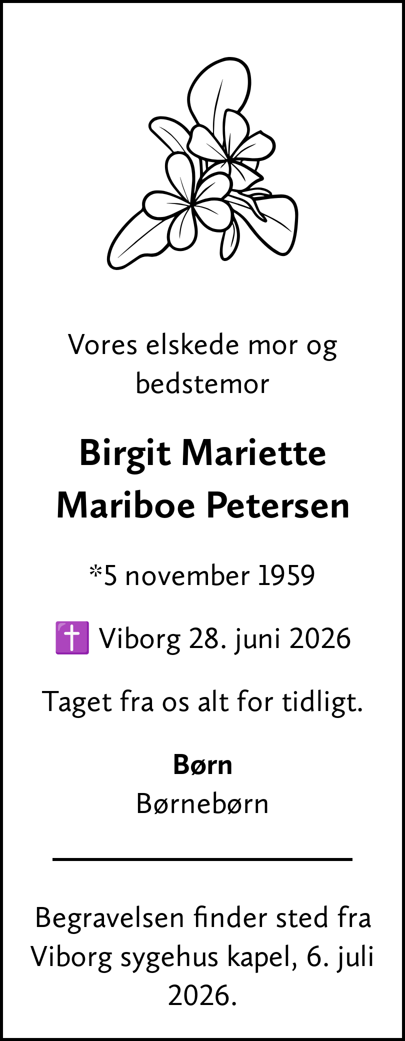 Dødsannonce for Birgit Mariette Mariboe