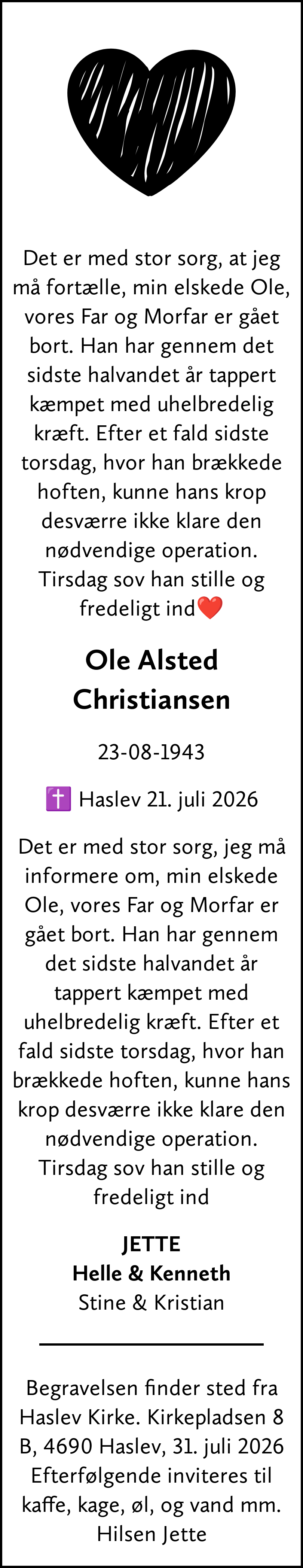 Dødsannonce for Ole Alsted